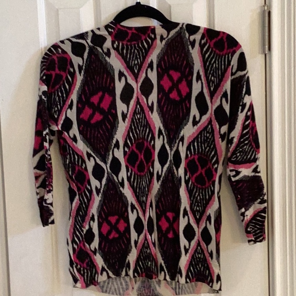 Tory Burch Low-Cut Deep V-Neck Black, White & Raspberry Cardigan - Picture 4 of 7